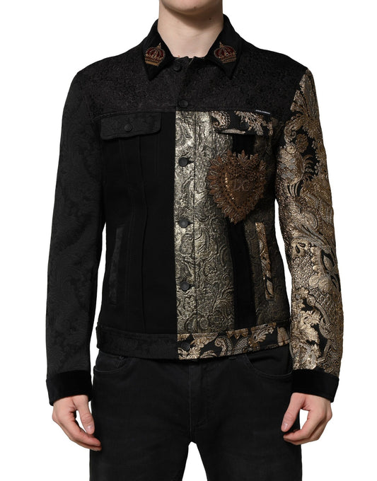 Dolce & Gabbana Black Gold Floral Jacquard Men Biker Jacket