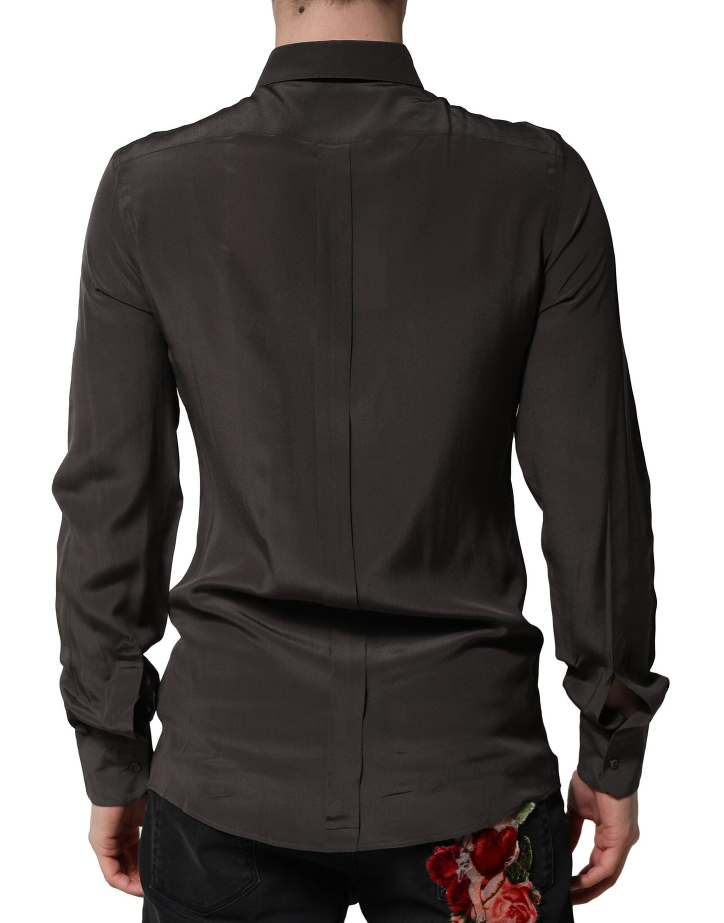 قميص رجالي رسمي من دولتشي آند غابانا، حرير بني داكن، ذهبي