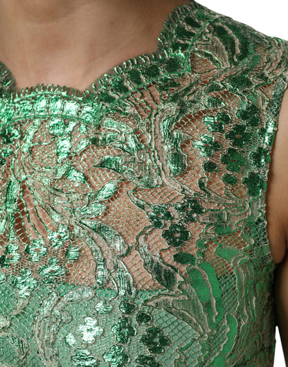 فستان دولتشي آند غابانا متوسط ​​الطول من القطن الأخضر المزين بالدانتيل المزهر