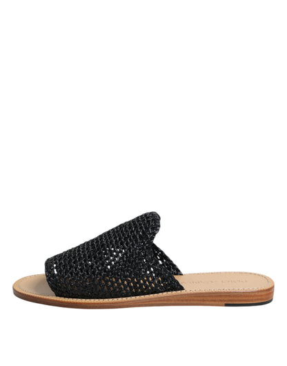 Dolce & Gabbana Black Monochrome Braided Raffia Slides Shoes