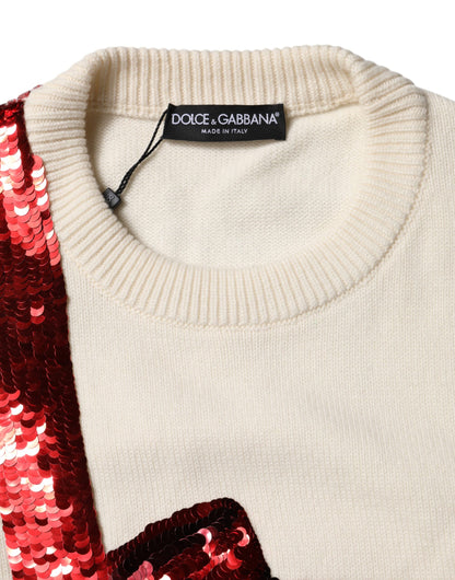 Dolce & Gabbana White Sequined Crew Neck Pullover Sweater