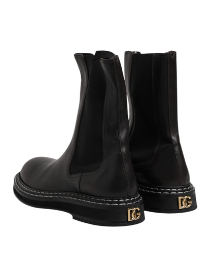 Dolce & Gabbana Black Leather Mid Calf Boots Flats Shoes