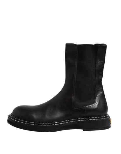 Dolce & Gabbana Black Leather Mid Calf Boots Flats Shoes