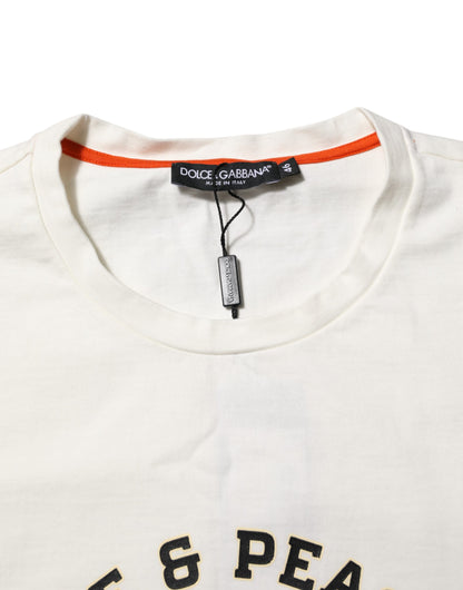 تي شيرت رجالي قطني أبيض من دولتشي آند غابانا بياقة دائرية وطبعة حب السلام