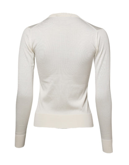 Dolce & Gabbana White Silk Lily Buttoned Cardigan Sweater