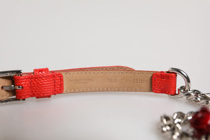 Dolce & Gabbana Red Leather Silver Chain Floral Cintura Belt