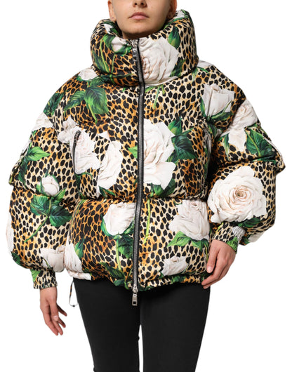 Dolce & Gabbana Multicolor Leopard Rose Puffer Quilted Jacket
