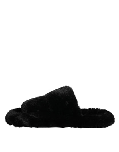 Dolce & Gabbana Black Polyester Velvet Slides Slipper Shoes
