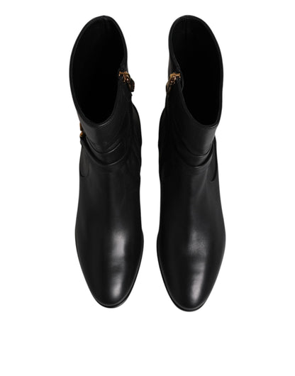 Dolce & Gabbana Black Leather Flats Logo Short Boots Shoes