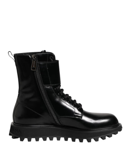 Dolce & Gabbana Black Leather Lace Up Mid Calf Boots Shoes