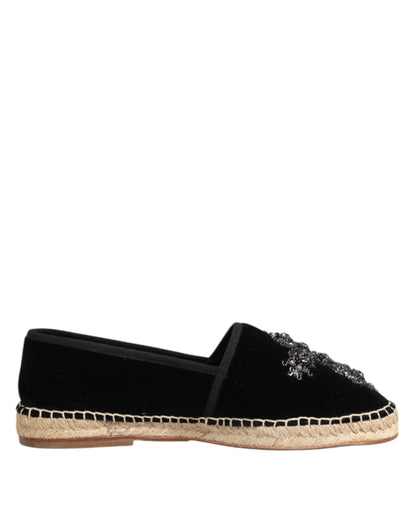 Dolce & Gabbana Black Cross Crystal Slip On Espadrille Shoes