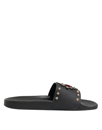 Dolce & Gabbana Black Rubber Sacred Heart Slides Men Beachwear Shoes