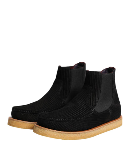 Dolce & Gabbana Black Calf Suede Slip On Ankle Boots Shoes