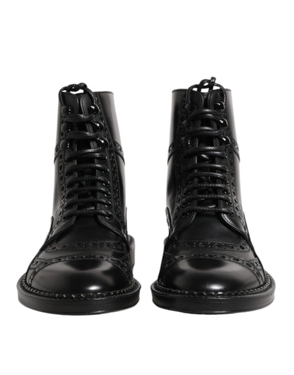 Dolce & Gabbana Black Leather Lace Up Mid Calf Boots Shoes