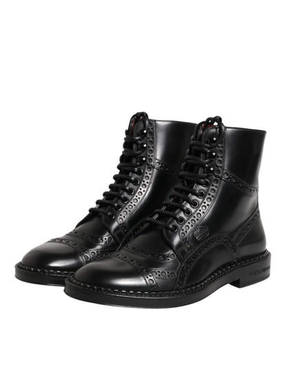 Dolce & Gabbana Black Leather Lace Up Mid Calf Boots Shoes