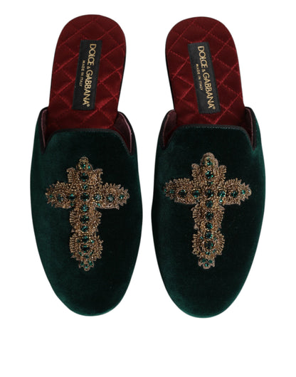 Dolce & Gabbana Green Velvet Cross Embellished Slippers Shoes
