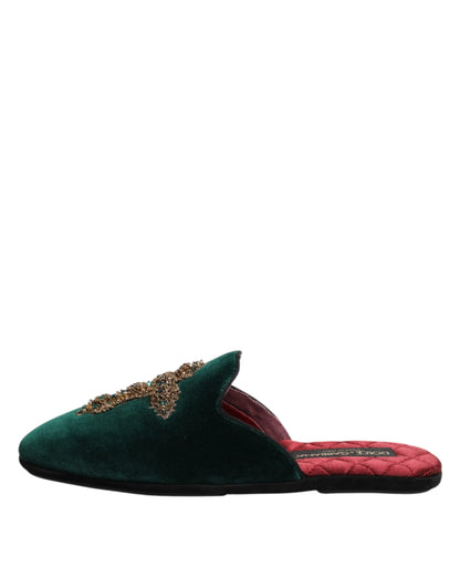 Dolce & Gabbana Green Velvet Cross Embellished Slippers Shoes