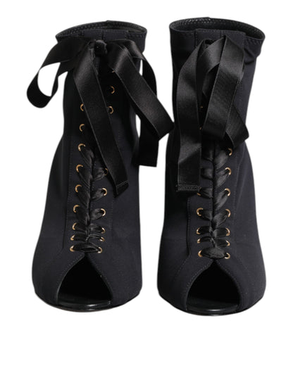 Dolce & Gabbana Black Stiletto Heels Lace Up Boots Shoes