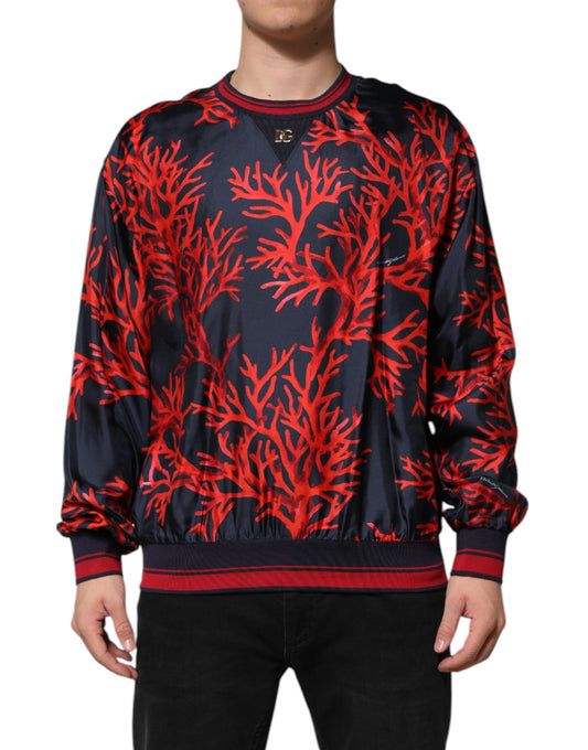 Dolce & Gabbana Navy Red Silk Coral Print Pullover Sweater