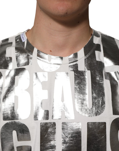 تيشيرت دولتشي آند غابانا أبيض قطني بطبعة شعار فضي معدني