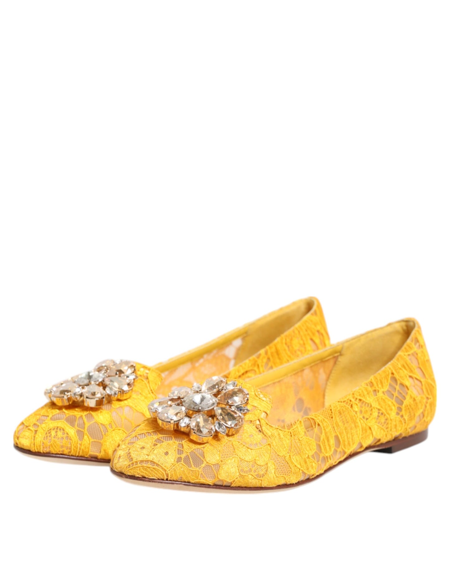 Dolce & Gabbana Yellow Taormina Lace Crystals Flats Shoes