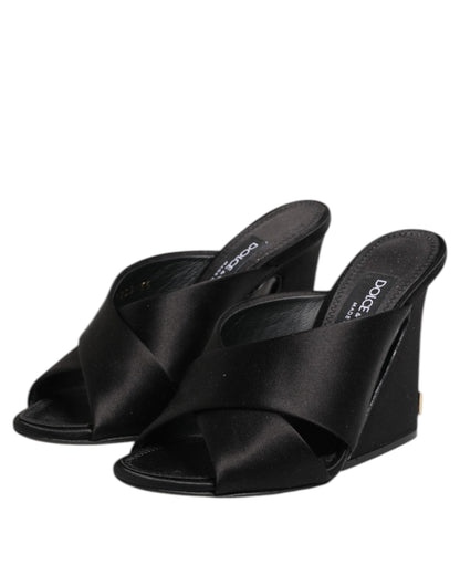 Dolce & Gabbana Black Logo KEIRA Satin Slides Sandals Shoes
