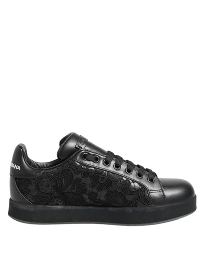 Dolce & Gabbana Black Floral Lace Low Top Sneakers Shoes