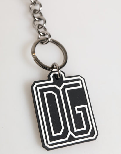 Dolce & Gabbana Black White DG Rubber Logo Silver Men Keychain Keyring
