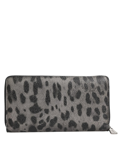 Dolce & Gabbana Black Gray Leopard Leather Zip Around Continental Wallet