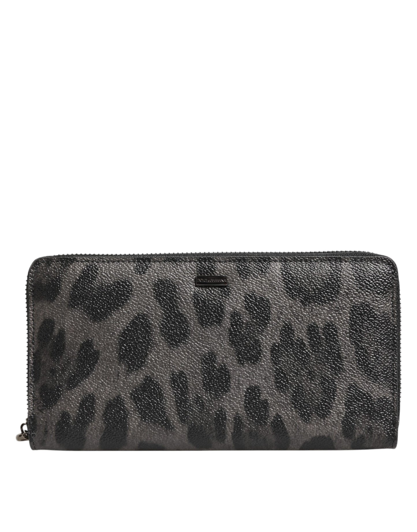 Dolce & Gabbana Black Gray Leopard Leather Zip Around Continental Wallet