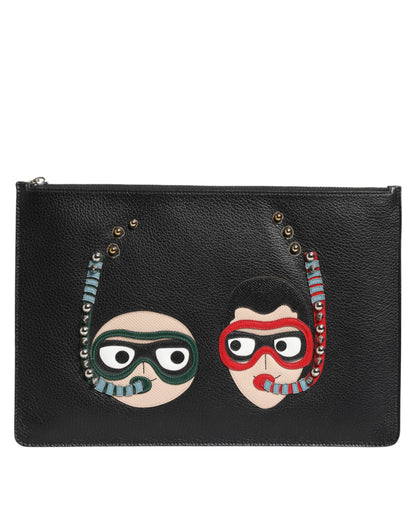 Dolce & Gabbana Black Leather #DGFAMILY Embellished Men Clutch Pouch Bag