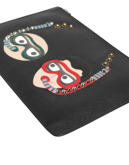 Dolce & Gabbana Black Leather #DGFAMILY Embellished Men Clutch Pouch Bag