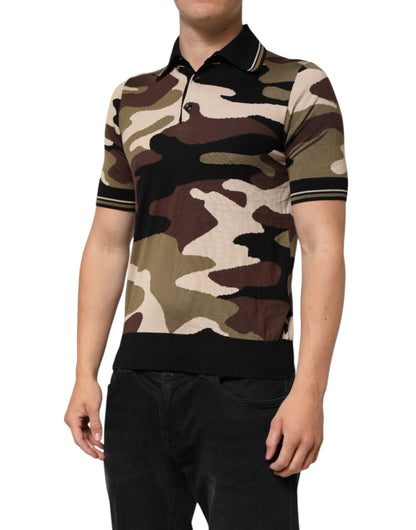 Dolce & Gabbana Camouflage Brown Silk MilitaryPolo T-shirt