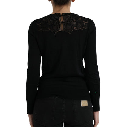 Dolce & Gabbana Black Silk Lace Trim Long Sleeves Blouse Top