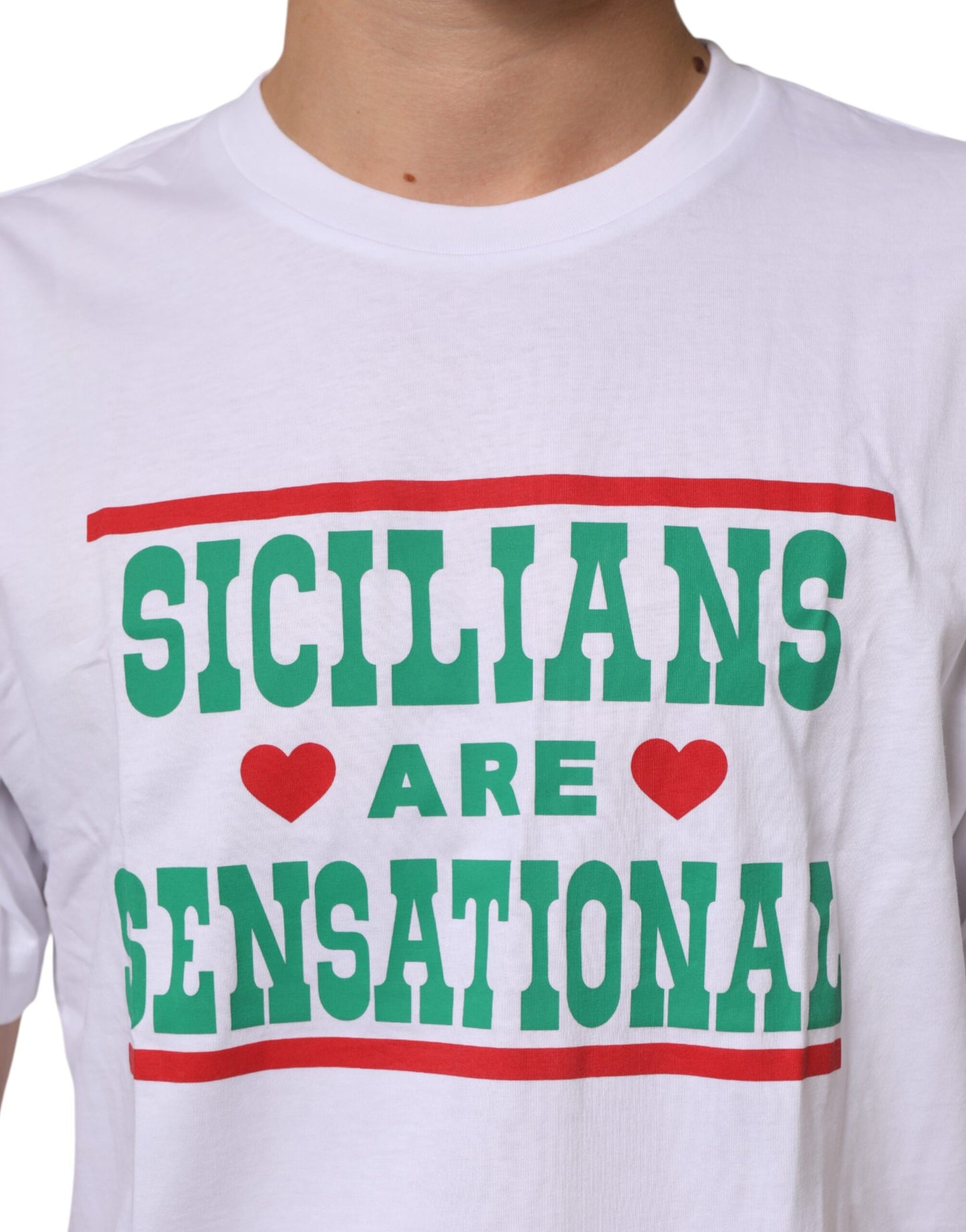 تي شيرت دولتشي آند غابانا أبيض بطبعة جرافيكية من القطن برقبة دائرية