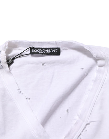 Dolce & Gabbana White Distressed Cotton V Neck Men T-shirt