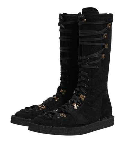 Dolce & Gabbana Black Alpaca Wool Suede Mid Calf Boots Shoes