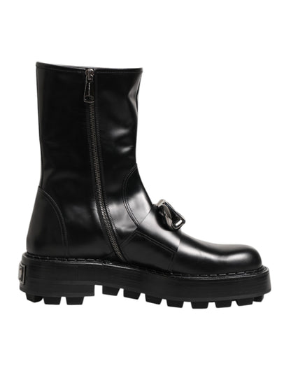 Dolce & Gabbana Black Logo Plaque Mid Calf Biker Boots Shoes