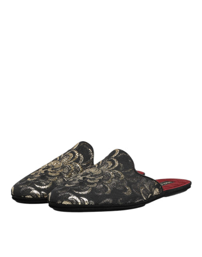 Dolce & Gabbana Black Floral Jacquard Slides Slippers Shoes