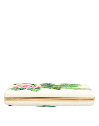 حقيبة يد دولتشي آند غابانا بإطار ذهبي من الحرير مطرزة بالورود البيضاء