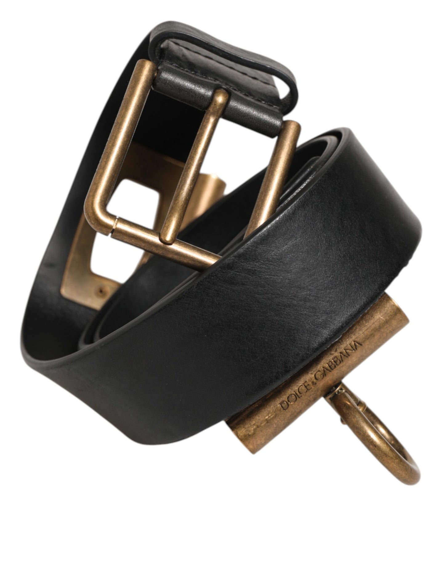 Dolce & Gabbana Black Leather Side Rings Brass Buckle Belt