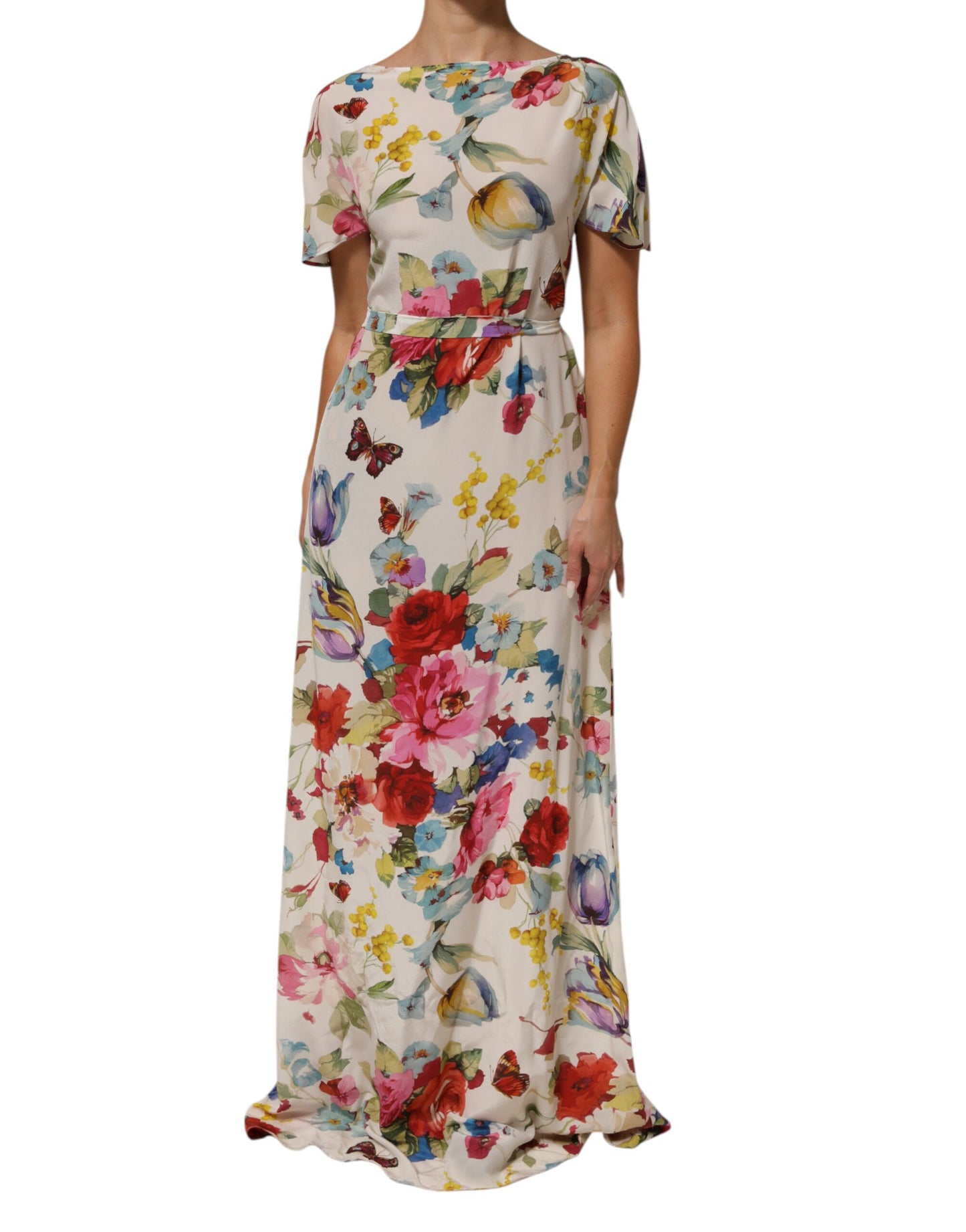 Dolce & Gabbana White Floral Print Silk Sheath LongGown Dress
