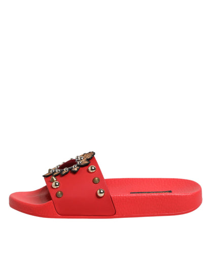 Dolce & Gabbana Red Sacred Heart Stud Slides Beachwear Shoes