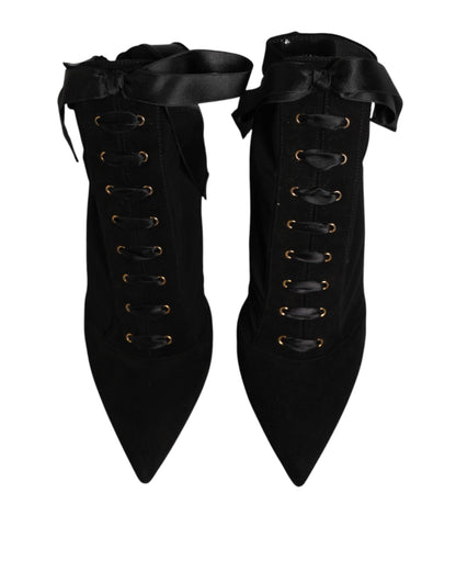 Dolce & Gabbana Black Stiletto Heels Lace Up Boots Shoes