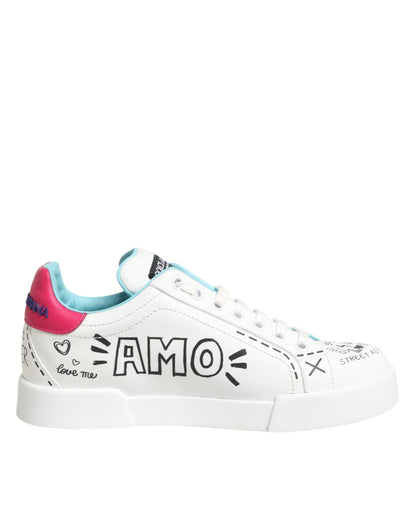 Dolce & Gabbana White Leather Graffiti Low Top Sneakers Shoes