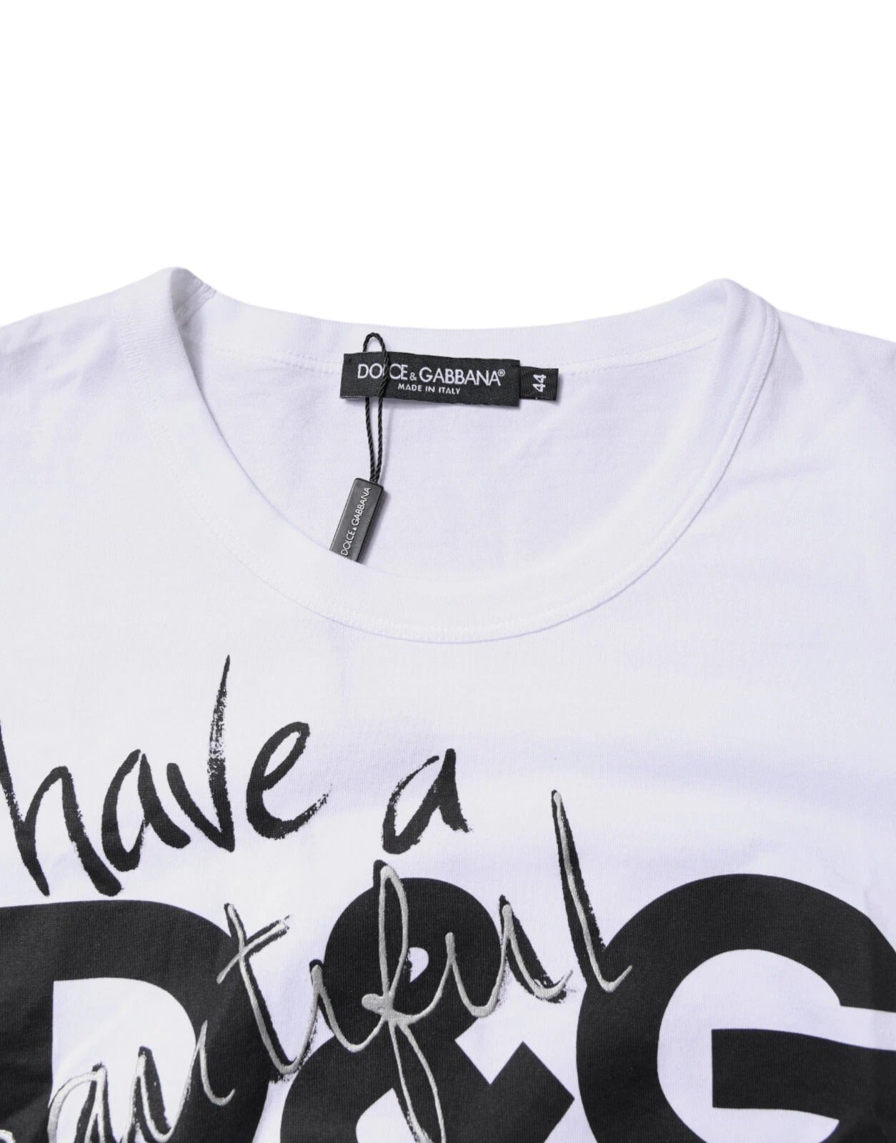 تي شيرت دولتشي آند غابانا أبيض بطبعة جرافيكية من القطن برقبة دائرية