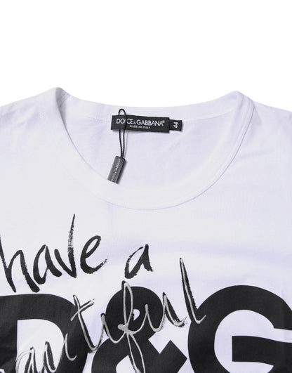 تي شيرت دولتشي آند غابانا أبيض بطبعة جرافيكية من القطن برقبة دائرية