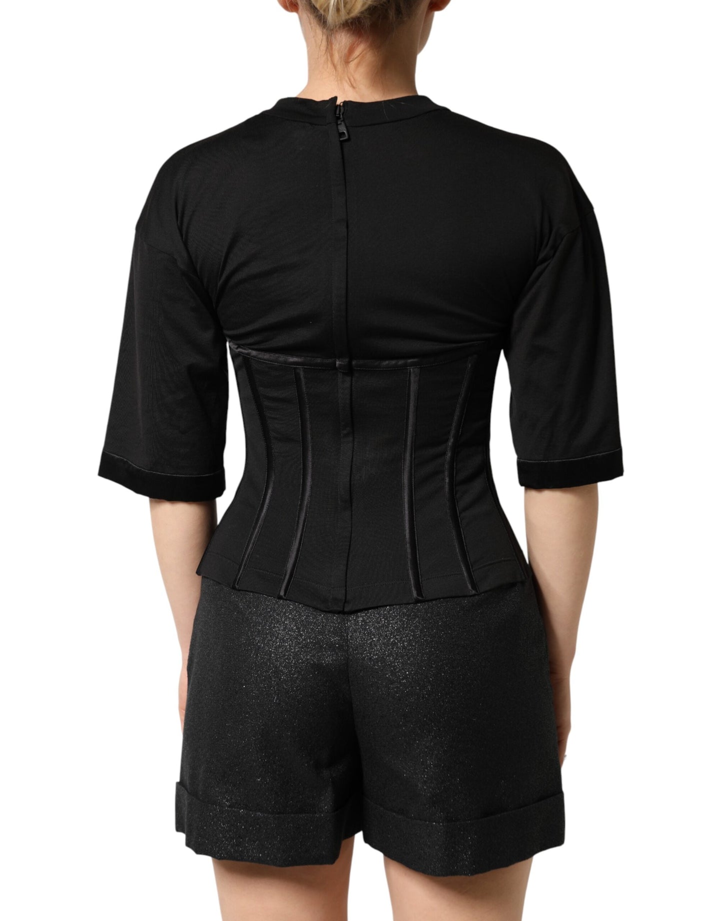 تي شيرت دولتشي آند غابانا أسود من القطن بأكمام قصيرة وصدرية