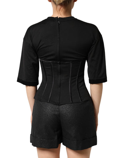 تي شيرت دولتشي آند غابانا أسود من القطن بأكمام قصيرة وصدرية