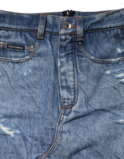 Dolce & Gabbana Blue Black Cotton Denim Sheer Midi Skirt